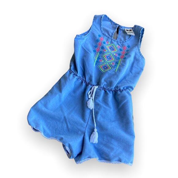 Belle du Jour Girls Romper Size M Light Blue Embroidered Tribal Neon Tassels - Picture 1 of 6